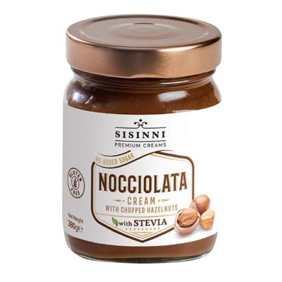 sissini vegan κρέμα κακάο με κομμάτια φουντουκιού χωρίς γλουτένη χωρίς ζάχαρη και χωρίς φοινικέλαιο 380 γραμμάρια