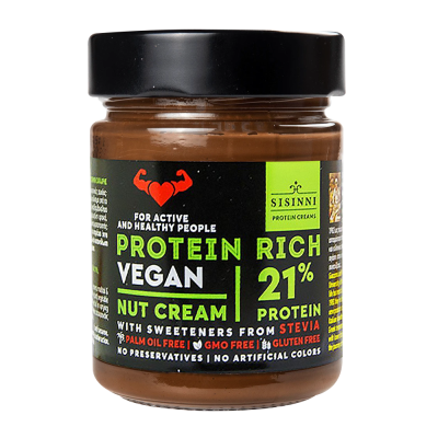 sissini vegan κρέμα με ξηρούς καρπόυς με 21% πρωτεΐνη χωρίς γλουτένη χωρίς ζάχαρη και χωρίς φοινικέλαιο 320 γραμμάρια
