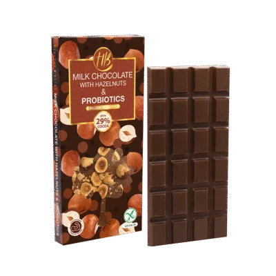 healthy bites σοκολάτα γάλακτος με 29% κακάο με φουντούκια και προβιοτικά χωρίς γλουτένη 100 γραμμάρια