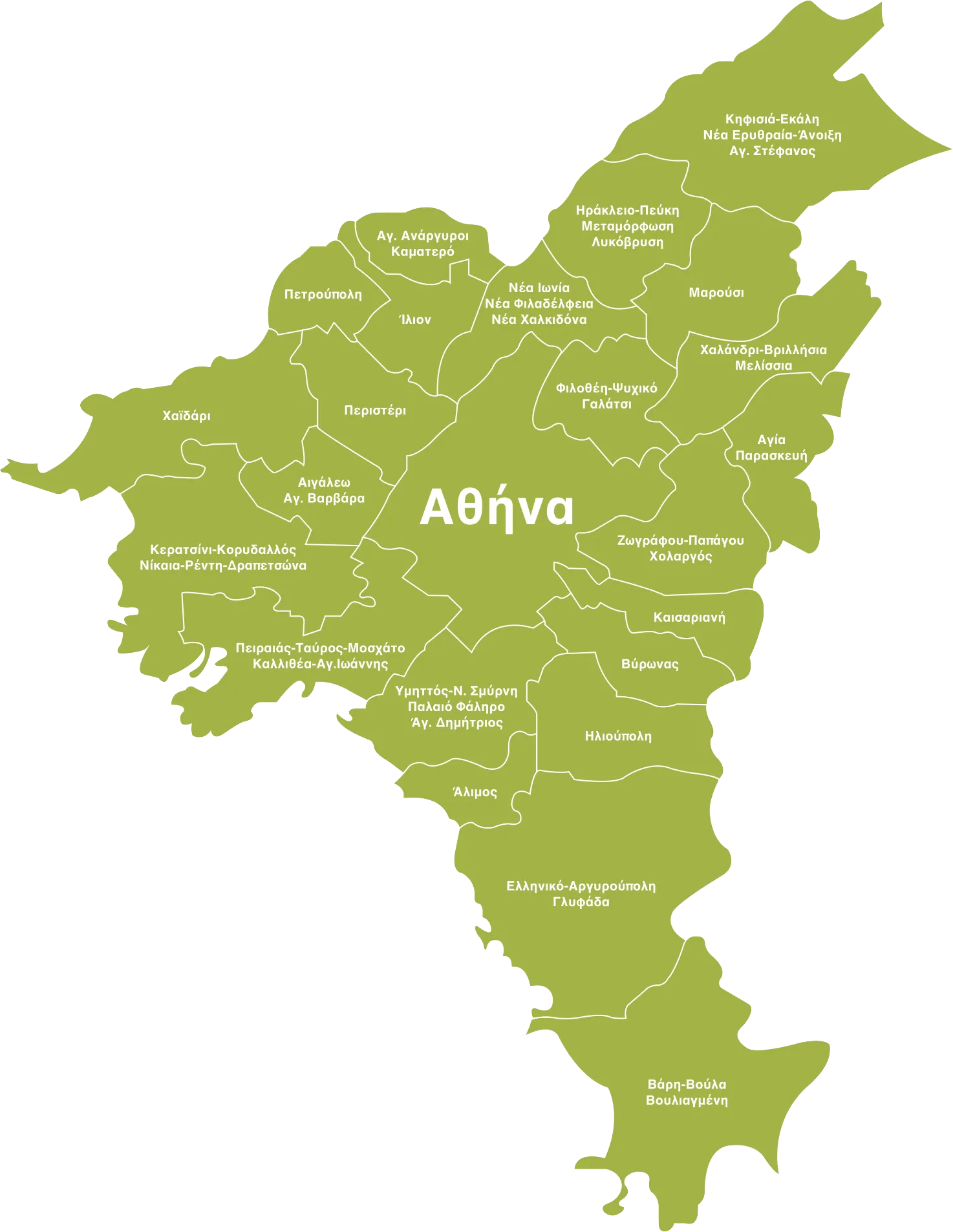 χάρτης για πολιτική μεταφορικών με τις περιοχές της Αττικής στις οποίες παρέχονται δωρεάν μεταφορικά