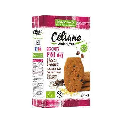 celiane μπισκότα πρωινού με κακάο και ηλιόσπορους βιολογικά και χωρίς γλουτένη 3 πακέτα από 4 τεμάχια 140 γραμμάρια