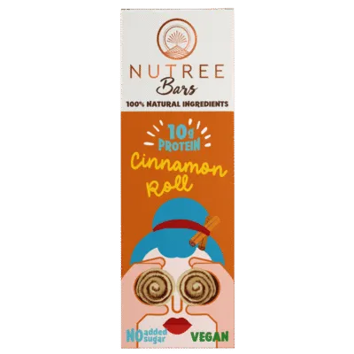 nutree vegan μπάρα πρωτεΐνης με ρολό κανέλας χωρίς γλουτένη και χωρίς ζάχαρη 60 γραμμάρια