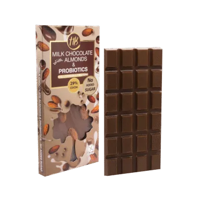 healthy bites σοκολάτα γάλακτος με αμύγδαλα και προβιοτικά χωρίς γλουτένη και χωρίς ζάχαρη 100 γραμμάρια